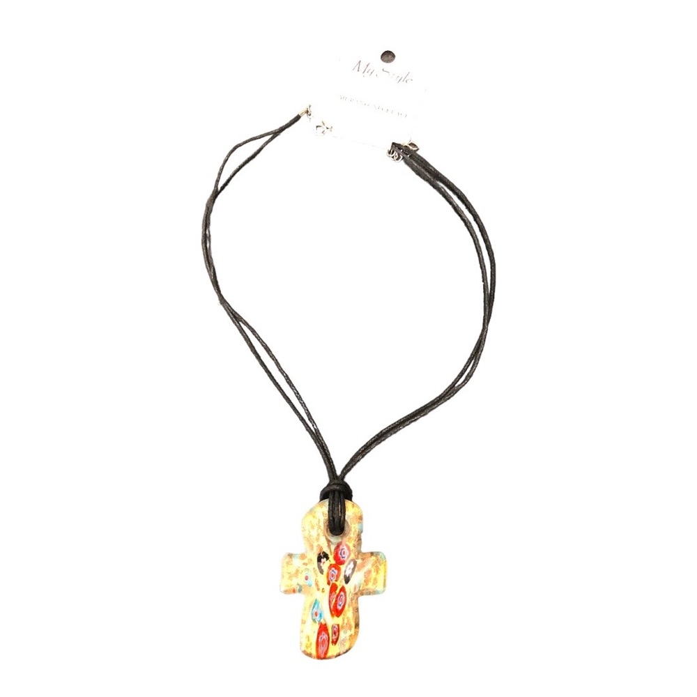 Murano Gold/Blue Cross Pendant Necklace with Black Chord - Picture 6 of 6
